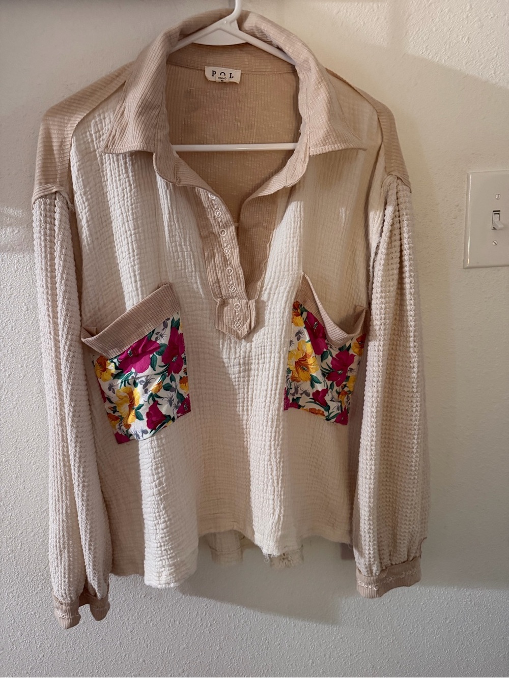 POL Cream Mixed Media Long-Sleeve Henley with Floral Patch Pockets - Picture 8 of 14